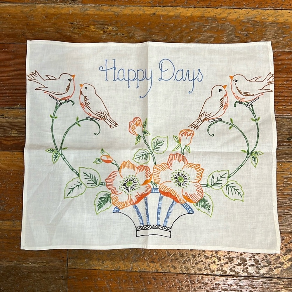 Vintage  Happy Days Cross Stitch Piece ready to frame or to make a pillow